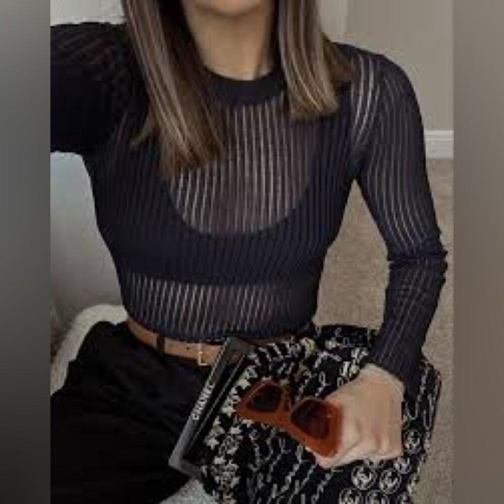 Zara Navy Sheer Open Knit Top S Ribbed Long Sleeve Fitted Flare Cuff